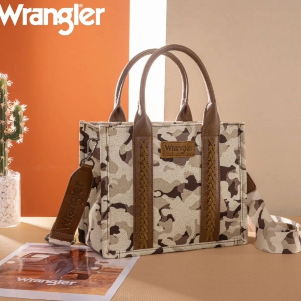 Wrangler Beige Camouflage Crossbody Tote with Brown Trim and Braided Accents